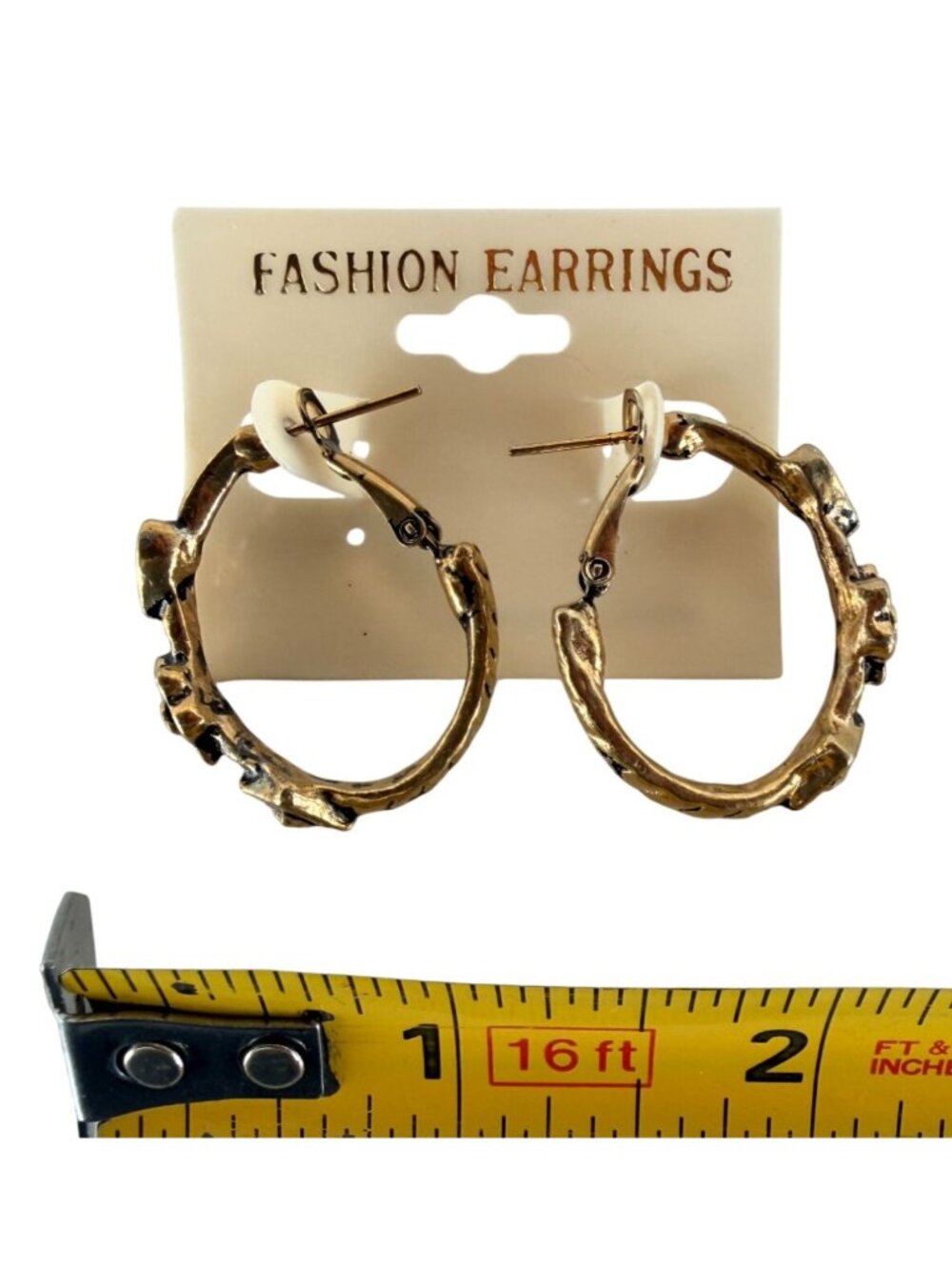 Vintage NOS Statement Earrings Goldtone Textured Hoop Earrings Floral Branch